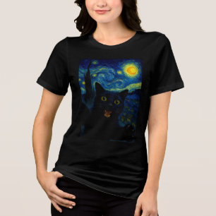 Black Cat Starry Night Van Gogh Cat Selfie  Tri-Blend Shirt