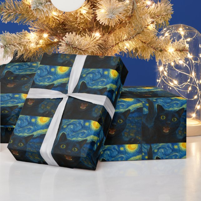 Black Cat Starry Night Van Gogh Cat Selfie  Wrapping Paper (Holidays)