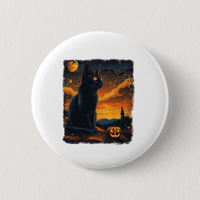 Black Cat Starry Night Van Gogh Pumpkins Bats Hall 2 Inch Round Button (Front)
