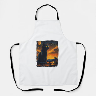 Black Cat Starry Night Van Gogh Pumpkins Bats Hall Apron