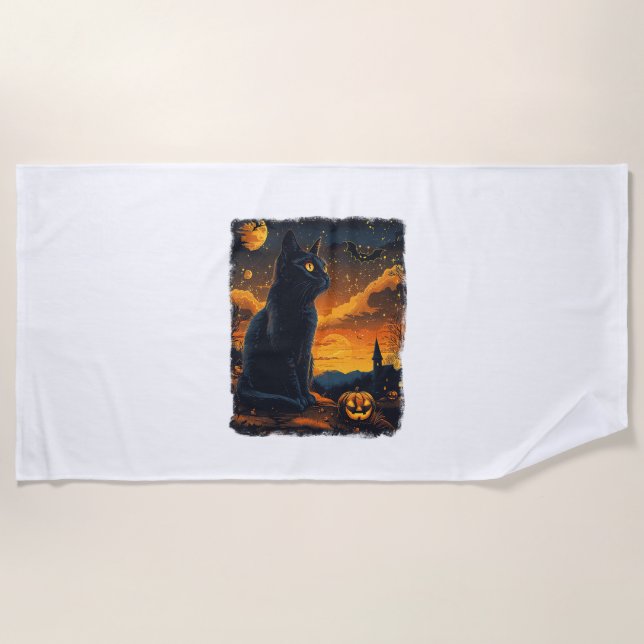 Black Cat Starry Night Van Gogh Pumpkins Bats Hall Beach Towel (Front)