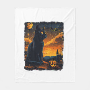 Black Cat Starry Night Van Gogh Pumpkins Bats Hall Fleece Blanket