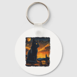 Black Cat Starry Night Van Gogh Pumpkins Bats Hall Keychain
