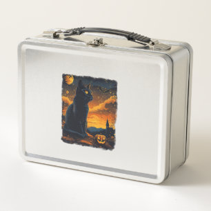 Black Cat Starry Night Van Gogh Pumpkins Bats Hall Metal Lunch Box
