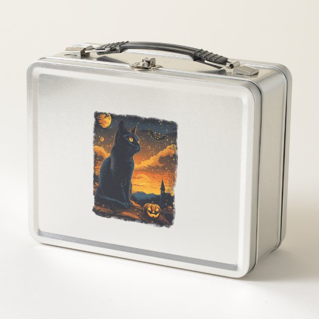 Black Cat Starry Night Van Gogh Pumpkins Bats Hall Metal Lunch Box (Front)