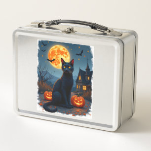 Black Cat Starry Night Van Gogh Pumpkins Bats Hall Metal Lunch Box