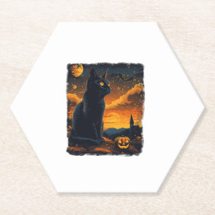 Black Cat Starry Night Van Gogh Pumpkins Bats Hall Paper Coaster