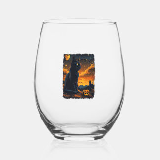 Black Cat Starry Night Van Gogh Pumpkins Bats Hall Stemless Wine Glass