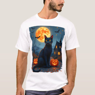 Black Cat Starry Night Van Gogh Pumpkins Bats Hall T-Shirt