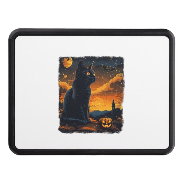 Black Cat Starry Night Van Gogh Pumpkins Bats Hall Trailer Hitch Cover (Front)