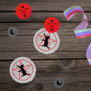 Black Cat Stars Moons Red Pentagram Greys Red Confetti