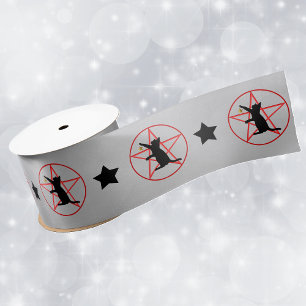 Black Cat Stars Red Pentagrams in Circles on Grey Satin Ribbon