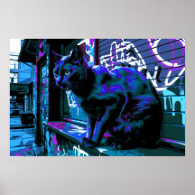 Black Cat Street Punk Neon Design Poster Imprimer