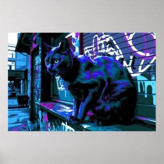Black Cat Street Punk Neon Design Poster Imprimer