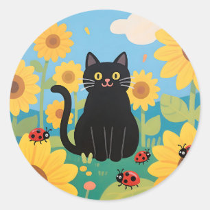 Black Cat Sunflowers Ladybugs Classic Round Sticker