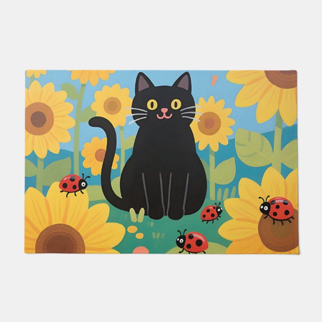 Black Cat Sunflowers Ladybugs Doormat (Front)