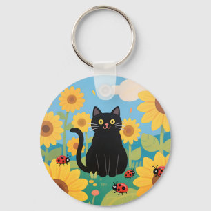 Black Cat Sunflowers Ladybugs Keychain