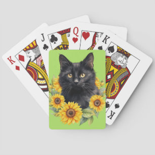 Black Cat Sunflowers Lime Green Playing Cards