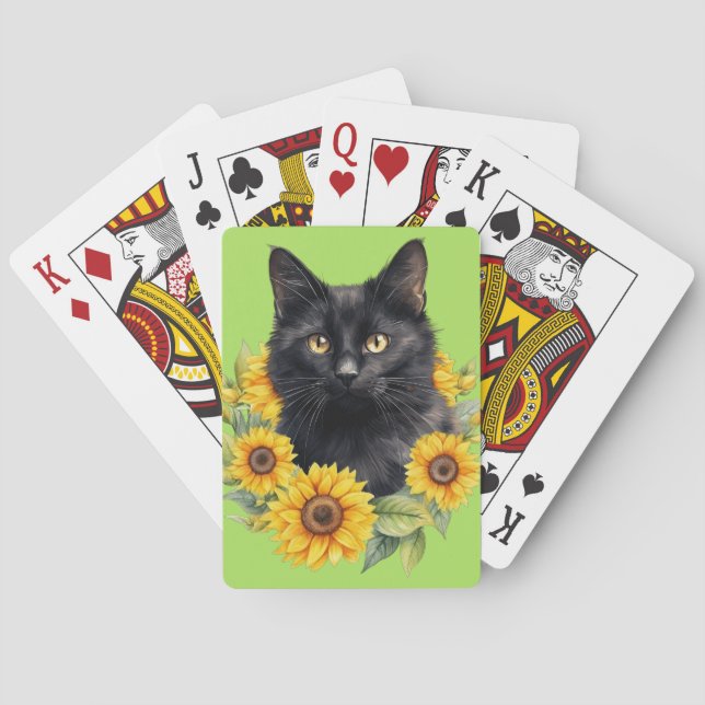 Black Cat Sunflowers Lime Green Playing Cards (Back)