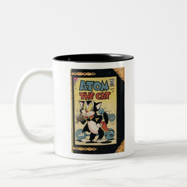Black Cat - Superhero Cat Cartoon - Atom the Cat Two-Tone Coffee Mug (Left)