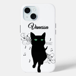 Black Cat Surrounded by Notes of Music Personal iPhone 15 Case
