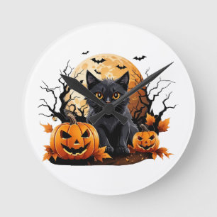 Black cat surrounded by pumpkins round clock