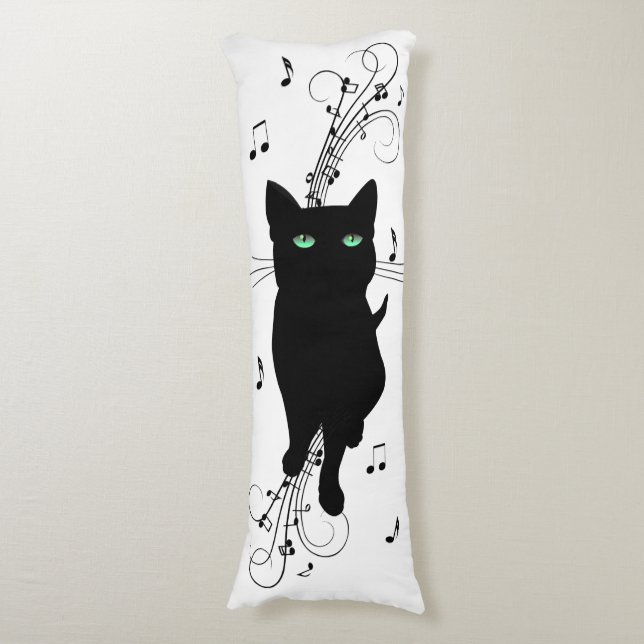 Black Cat Surrounded by Whispering Notes of Music Body Pillow (Front Vertical)