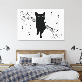 Black Cat Surrounded by Whispering Notes of Music Canvas Print