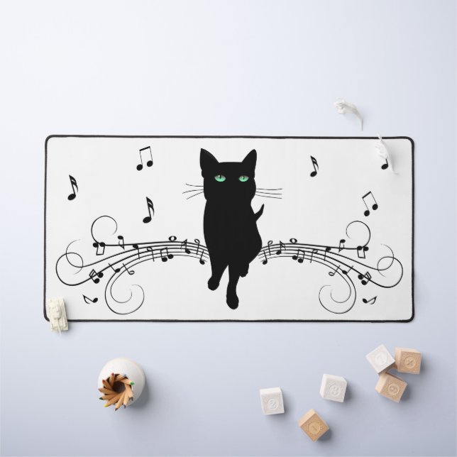 Black Cat Surrounded by Whispering Notes of Music Desk Mat (Kids Table)