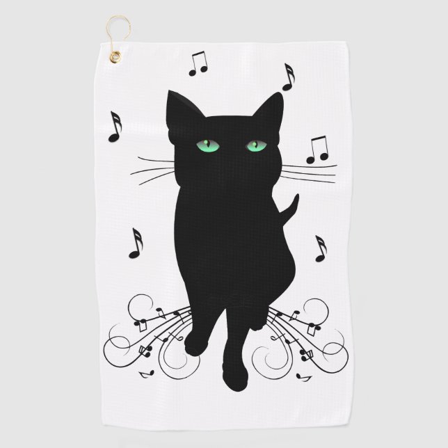 Black Cat Surrounded by Whispering Notes of Music Golf Towel (Front)