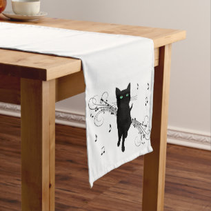Black Cat Surrounded by Whispering Notes of Music Long Table Runner