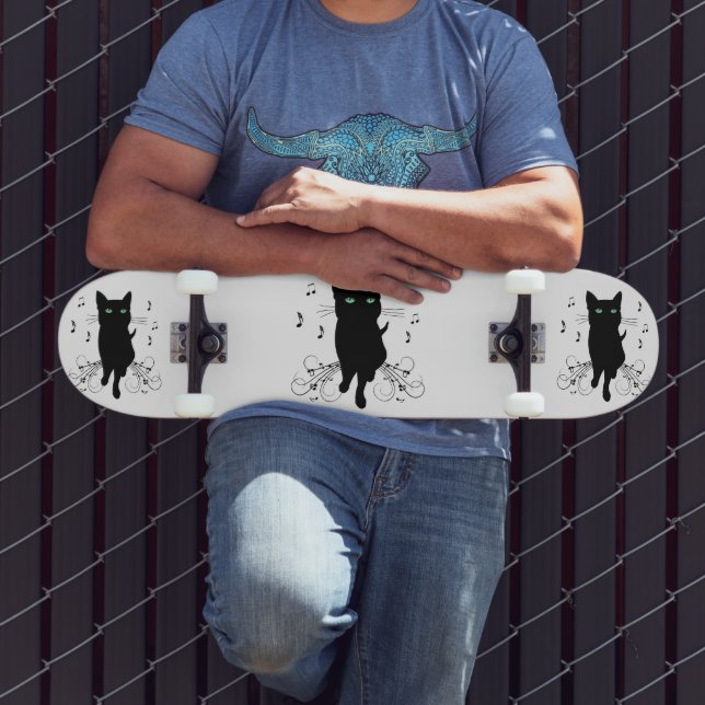 Black Cat Surrounded by Whispering Notes of Music Skateboard (Outdoor 3)