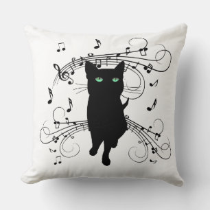 Black Cat Surrounded by Whispering Notes of Music Throw Pillow