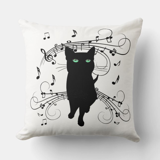 Black Cat Surrounded by Whispering Notes of Music Throw Pillow (Front)