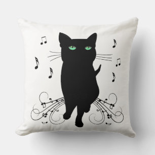 Black Cat Surrounded by Whispering Notes of Music Throw Pillow