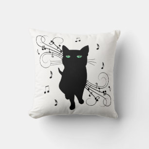 Black Cat Surrounded by Whispering Notes of Music Throw Pillow