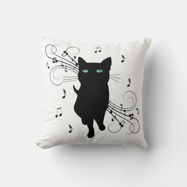 Black Cat Surrounded by Whispering Notes of Music Throw Pillow (Front)