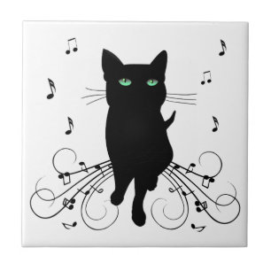 Black Cat Surrounded by Whispering Notes of Music Tile