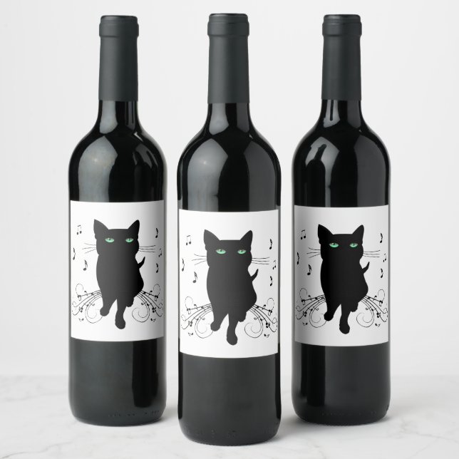 Black Cat Surrounded by Whispering Notes of Music Wine Label (Bottles)