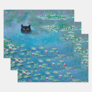 Black Cat Swimming in Water Lilies Decoupage Art W Wrapping Paper Sheet