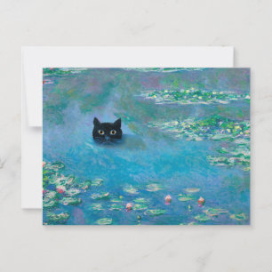 Black Cat Swimming in Water Lilies Decoupage Funny Postcard