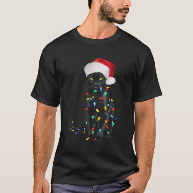 Black Cat Tangled Holiday Christmas Tree Lights Sa T-Shirt (Front)