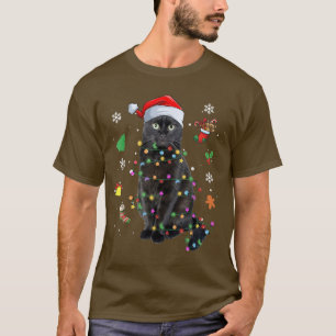 Black Cat Tangled Up In Christmas Lights Santa Hat T-Shirt