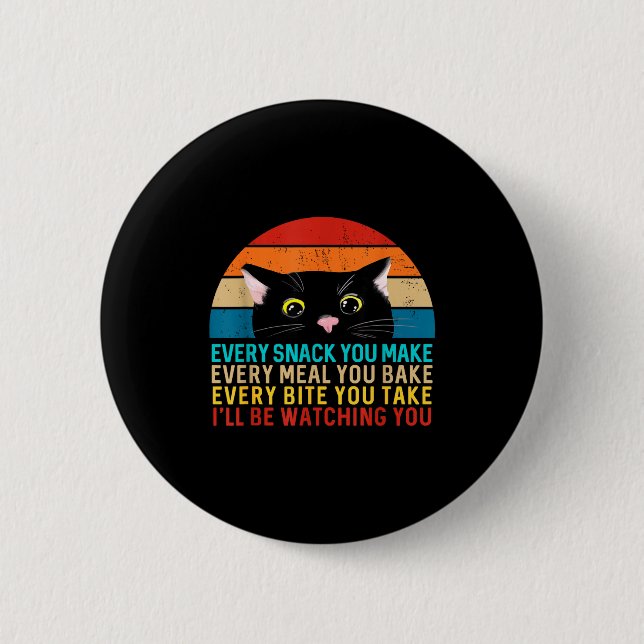 Black cat themed every snack make retro peeking ca 2 inch round button (Front)