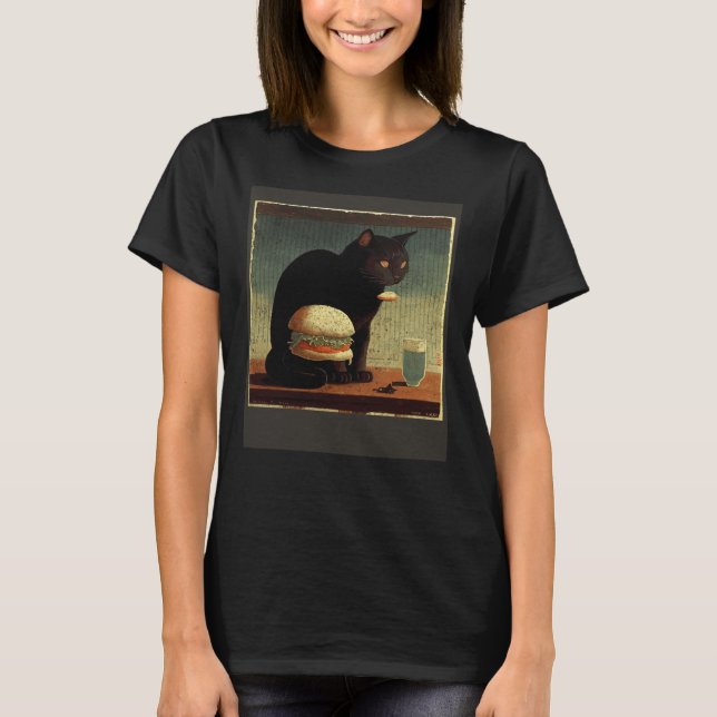 Black Cat Thinking Hamburger T-Shirt (Front)