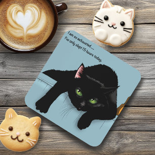 Black Cat Tired Blue Funny Coaster