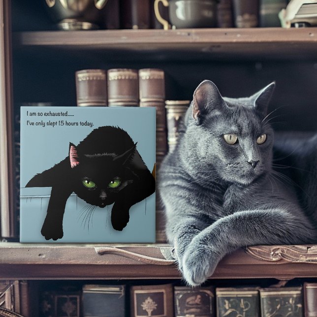 Black Cat Tired Blue Funny Tile (Creator Uploaded)