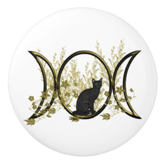 Black Cat Triple Moon Symbol Ceramic Knob