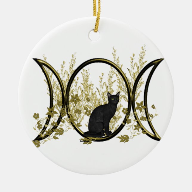 Black Cat Triple Moon Symbol Ceramic Ornament (Front)