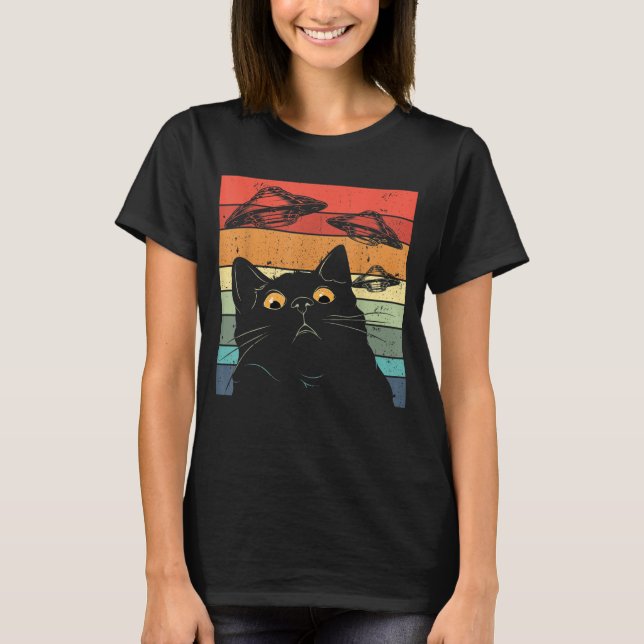 Black Cat UFO Abduction Retro Stripes Pop Culture T-Shirt (Front)